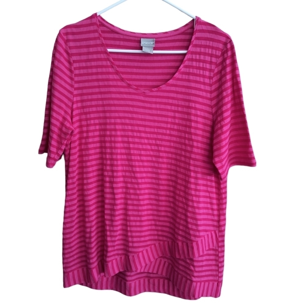 Chico's Short Sleeve Pink on Pink Striped Top With Cross Over Hem Detail Size M